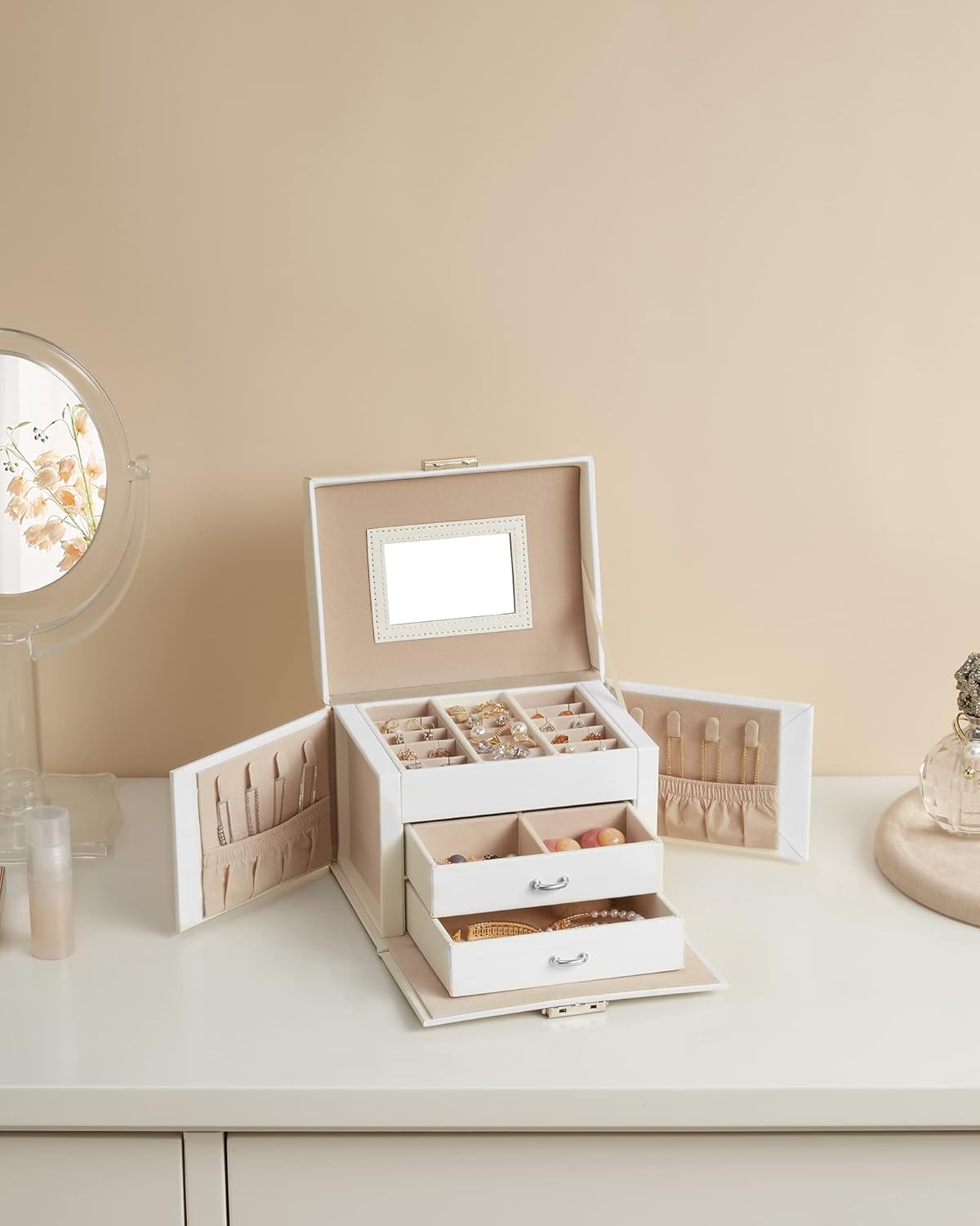 3-Tier Jewelry Box, Travel Jewelry Case with Handle, 2 Drawers, Lockable Jewelry Organizer with Mirror, Jewelry Storage, Modern Style, Gift for Loved Ones, White UJBC154W01