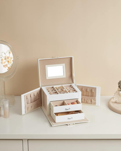 3-Tier Jewelry Box, Travel Jewelry Case with Handle, 2 Drawers, Lockable Jewelry Organizer with Mirror, Jewelry Storage, Modern Style, Gift for Loved Ones, White UJBC154W01