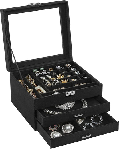 3-Tier Jewelry Box, Travel Jewelry Case with Handle, 2 Drawers, Lockable Jewelry Organizer with Mirror, Jewelry Storage, Modern Style, Gift for Loved Ones, White UJBC154W01
