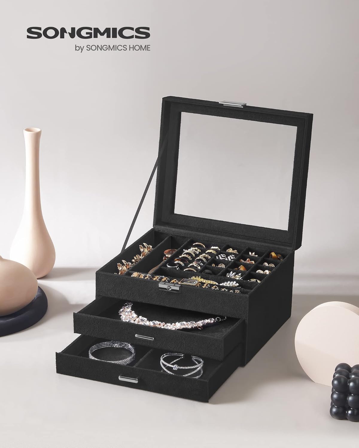 3-Tier Jewelry Box, Travel Jewelry Case with Handle, 2 Drawers, Lockable Jewelry Organizer with Mirror, Jewelry Storage, Modern Style, Gift for Loved Ones, White UJBC154W01