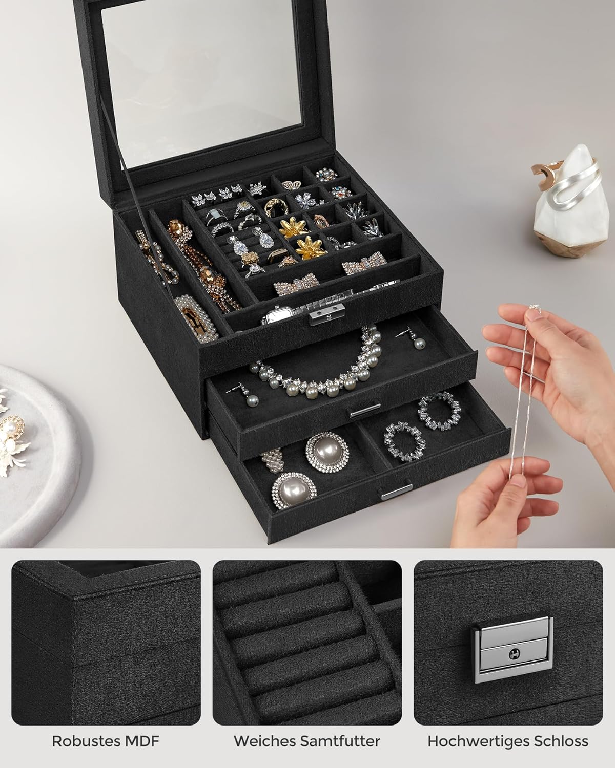 3-Tier Jewelry Box, Travel Jewelry Case with Handle, 2 Drawers, Lockable Jewelry Organizer with Mirror, Jewelry Storage, Modern Style, Gift for Loved Ones, White UJBC154W01