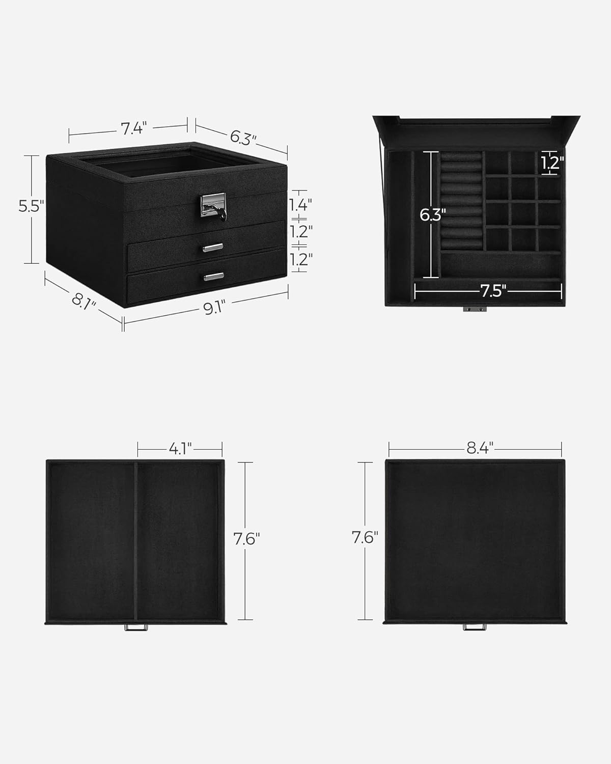 3-Tier Jewelry Box, Travel Jewelry Case with Handle, 2 Drawers, Lockable Jewelry Organizer with Mirror, Jewelry Storage, Modern Style, Gift for Loved Ones, White UJBC154W01