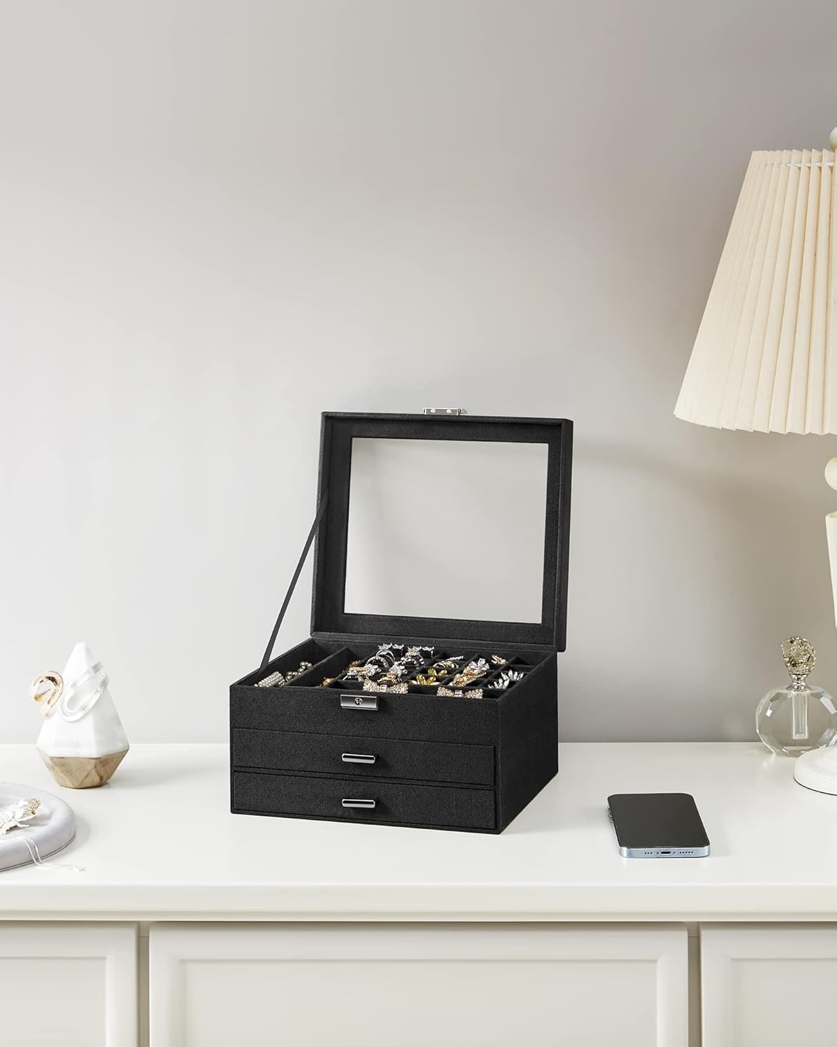 3-Tier Jewelry Box, Travel Jewelry Case with Handle, 2 Drawers, Lockable Jewelry Organizer with Mirror, Jewelry Storage, Modern Style, Gift for Loved Ones, White UJBC154W01