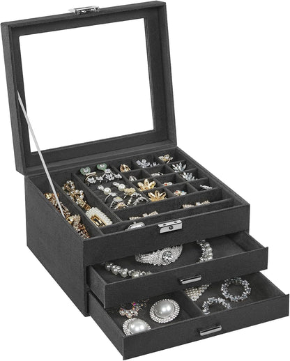 3-Tier Jewelry Box, Travel Jewelry Case with Handle, 2 Drawers, Lockable Jewelry Organizer with Mirror, Jewelry Storage, Modern Style, Gift for Loved Ones, White UJBC154W01