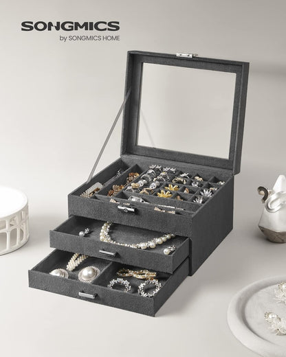 3-Tier Jewelry Box, Travel Jewelry Case with Handle, 2 Drawers, Lockable Jewelry Organizer with Mirror, Jewelry Storage, Modern Style, Gift for Loved Ones, White UJBC154W01