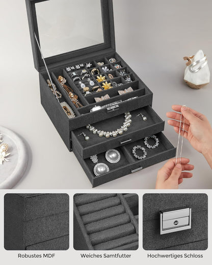 3-Tier Jewelry Box, Travel Jewelry Case with Handle, 2 Drawers, Lockable Jewelry Organizer with Mirror, Jewelry Storage, Modern Style, Gift for Loved Ones, White UJBC154W01