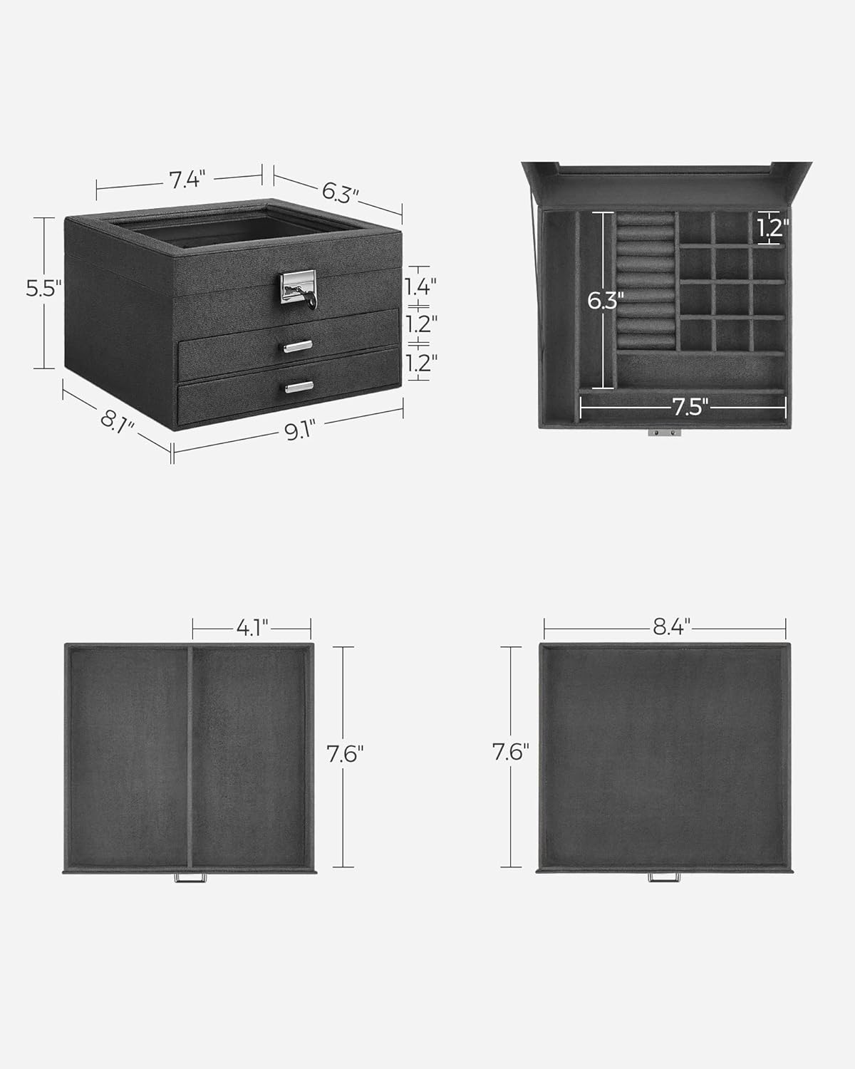 3-Tier Jewelry Box, Travel Jewelry Case with Handle, 2 Drawers, Lockable Jewelry Organizer with Mirror, Jewelry Storage, Modern Style, Gift for Loved Ones, White UJBC154W01