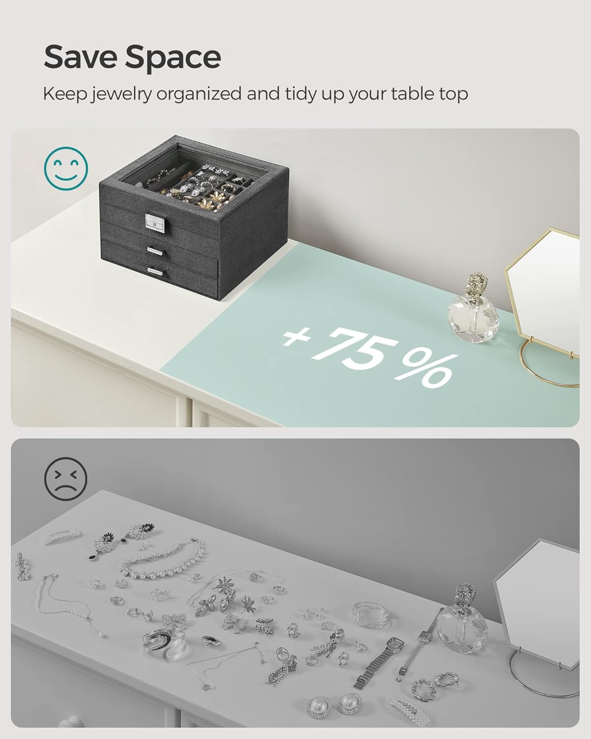 3-Tier Jewelry Box, Travel Jewelry Case with Handle, 2 Drawers, Lockable Jewelry Organizer with Mirror, Jewelry Storage, Modern Style, Gift for Loved Ones, White UJBC154W01