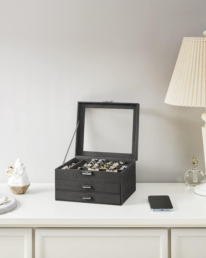 3-Tier Jewelry Box, Travel Jewelry Case with Handle, 2 Drawers, Lockable Jewelry Organizer with Mirror, Jewelry Storage, Modern Style, Gift for Loved Ones, White UJBC154W01