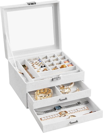 3-Tier Jewelry Box, Travel Jewelry Case with Handle, 2 Drawers, Lockable Jewelry Organizer with Mirror, Jewelry Storage, Modern Style, Gift for Loved Ones, White UJBC154W01