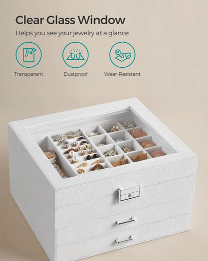 3-Tier Jewelry Box, Travel Jewelry Case with Handle, 2 Drawers, Lockable Jewelry Organizer with Mirror, Jewelry Storage, Modern Style, Gift for Loved Ones, White UJBC154W01