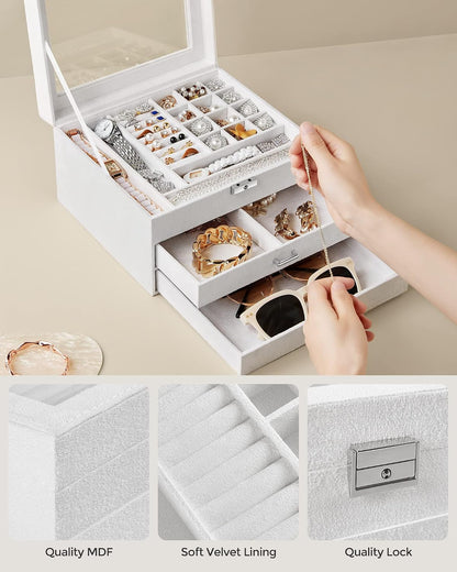 3-Tier Jewelry Box, Travel Jewelry Case with Handle, 2 Drawers, Lockable Jewelry Organizer with Mirror, Jewelry Storage, Modern Style, Gift for Loved Ones, White UJBC154W01