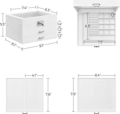 3-Tier Jewelry Box, Travel Jewelry Case with Handle, 2 Drawers, Lockable Jewelry Organizer with Mirror, Jewelry Storage, Modern Style, Gift for Loved Ones, White UJBC154W01