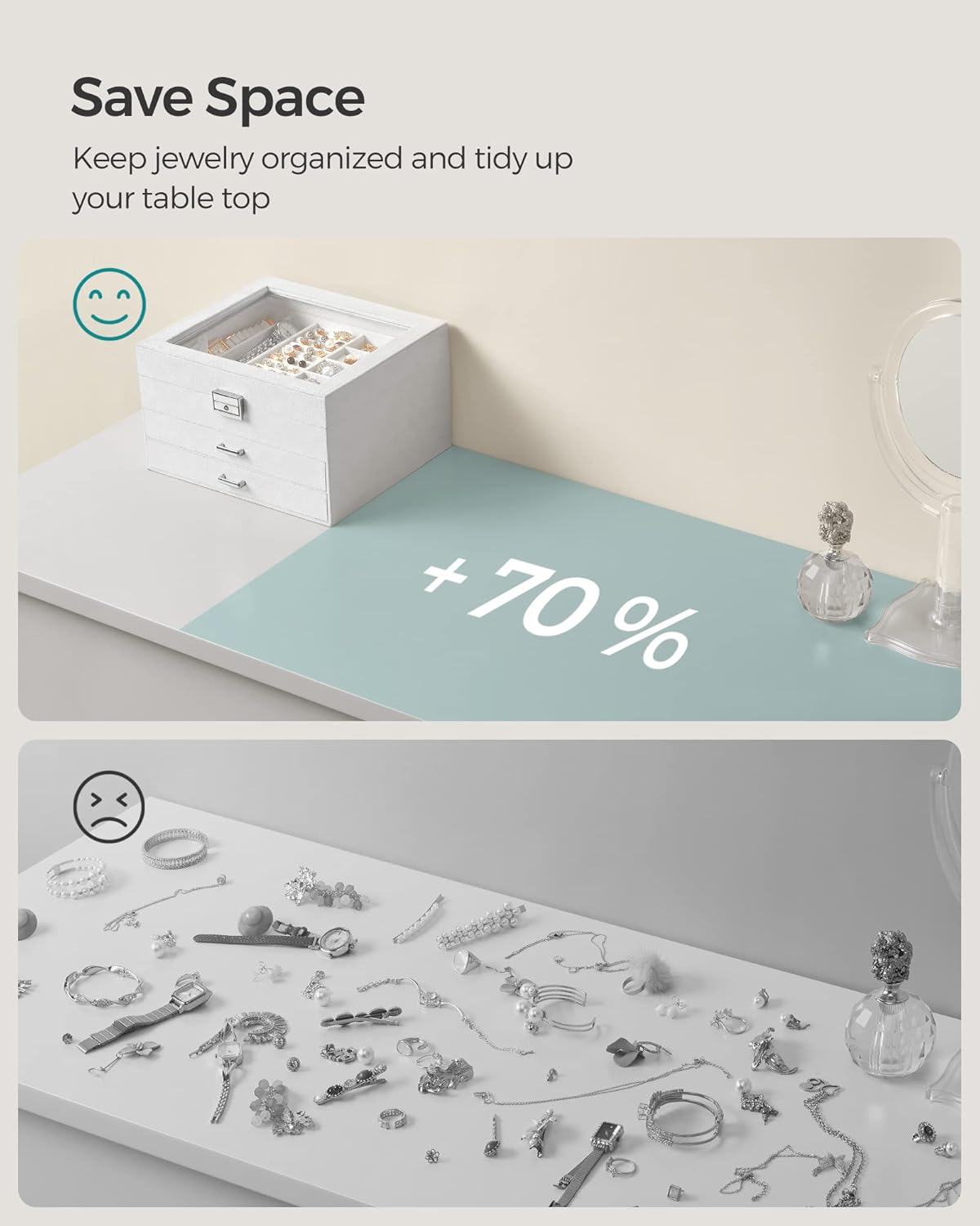 3-Tier Jewelry Box, Travel Jewelry Case with Handle, 2 Drawers, Lockable Jewelry Organizer with Mirror, Jewelry Storage, Modern Style, Gift for Loved Ones, White UJBC154W01