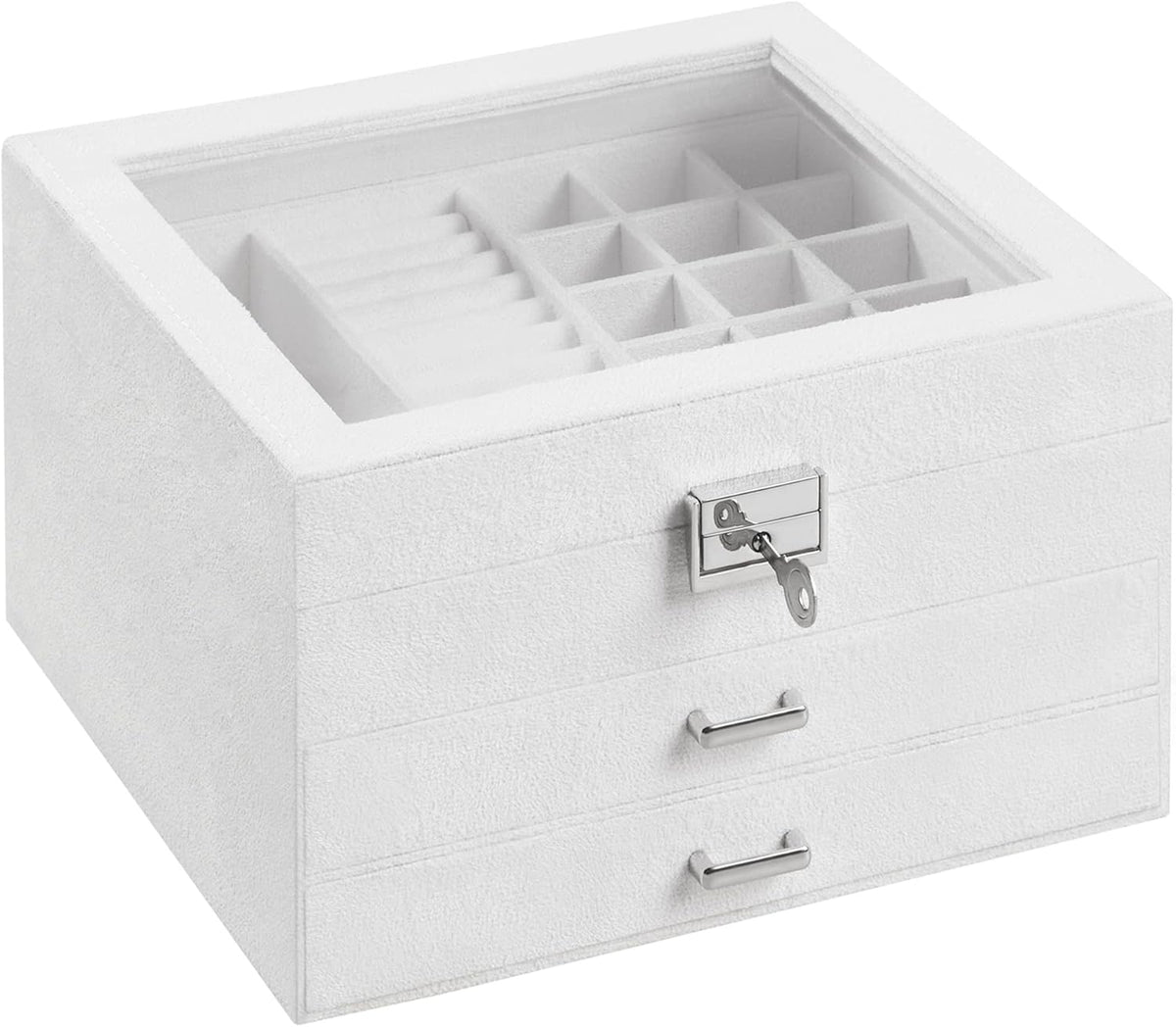 3-Tier Jewelry Box, Travel Jewelry Case with Handle, 2 Drawers, Lockable Jewelry Organizer with Mirror, Jewelry Storage, Modern Style, Gift for Loved Ones, White UJBC154W01