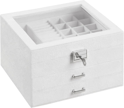 3-Tier Jewelry Box, Travel Jewelry Case with Handle, 2 Drawers, Lockable Jewelry Organizer with Mirror, Jewelry Storage, Modern Style, Gift for Loved Ones, White UJBC154W01