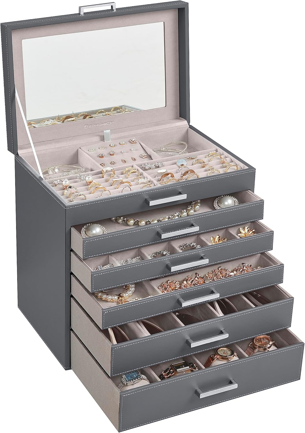 3-Tier Jewelry Box, Travel Jewelry Case with Handle, 2 Drawers, Lockable Jewelry Organizer with Mirror, Jewelry Storage, Modern Style, Gift for Loved Ones, White UJBC154W01