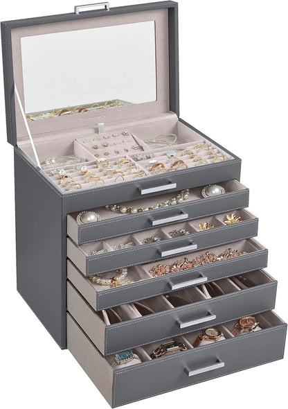 3-Tier Jewelry Box, Travel Jewelry Case with Handle, 2 Drawers, Lockable Jewelry Organizer with Mirror, Jewelry Storage, Modern Style, Gift for Loved Ones, White UJBC154W01