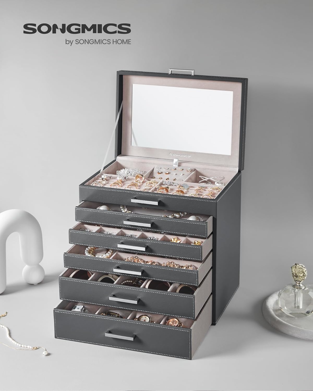 3-Tier Jewelry Box, Travel Jewelry Case with Handle, 2 Drawers, Lockable Jewelry Organizer with Mirror, Jewelry Storage, Modern Style, Gift for Loved Ones, White UJBC154W01