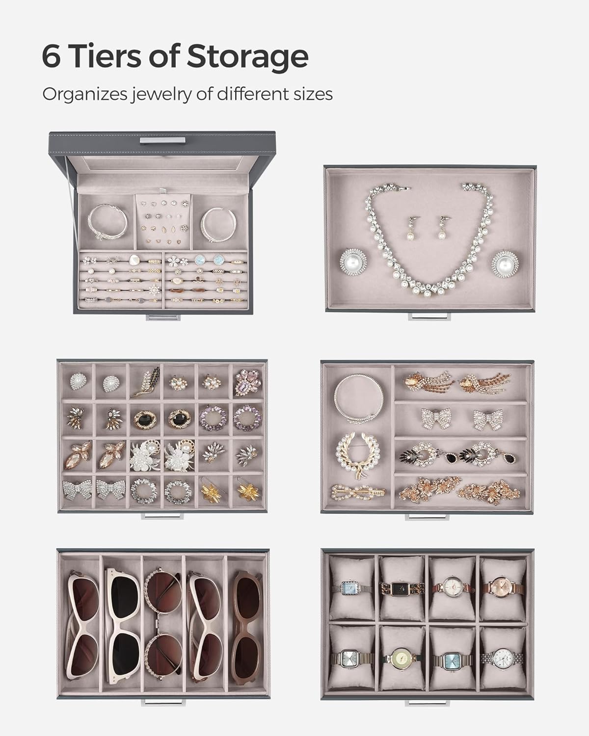 3-Tier Jewelry Box, Travel Jewelry Case with Handle, 2 Drawers, Lockable Jewelry Organizer with Mirror, Jewelry Storage, Modern Style, Gift for Loved Ones, White UJBC154W01