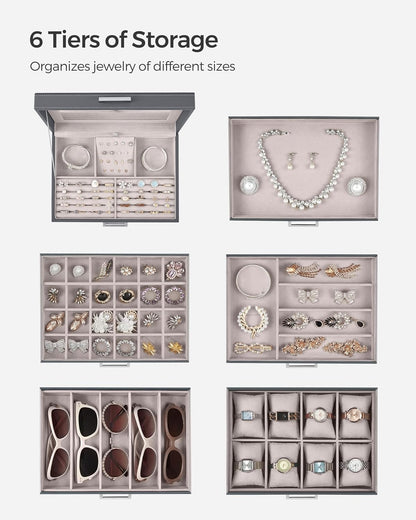 3-Tier Jewelry Box, Travel Jewelry Case with Handle, 2 Drawers, Lockable Jewelry Organizer with Mirror, Jewelry Storage, Modern Style, Gift for Loved Ones, White UJBC154W01
