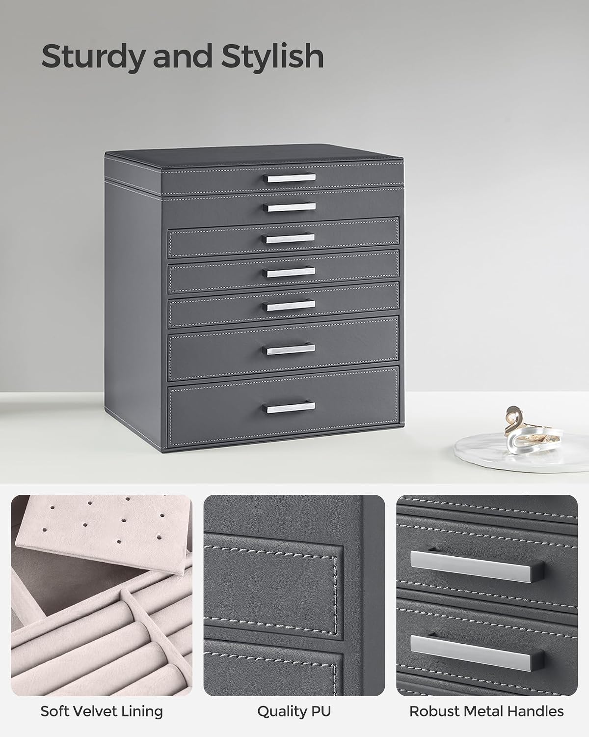 3-Tier Jewelry Box, Travel Jewelry Case with Handle, 2 Drawers, Lockable Jewelry Organizer with Mirror, Jewelry Storage, Modern Style, Gift for Loved Ones, White UJBC154W01