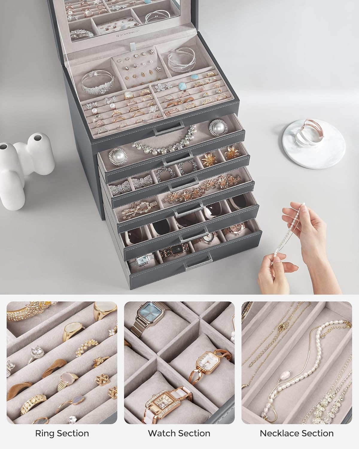 3-Tier Jewelry Box, Travel Jewelry Case with Handle, 2 Drawers, Lockable Jewelry Organizer with Mirror, Jewelry Storage, Modern Style, Gift for Loved Ones, White UJBC154W01