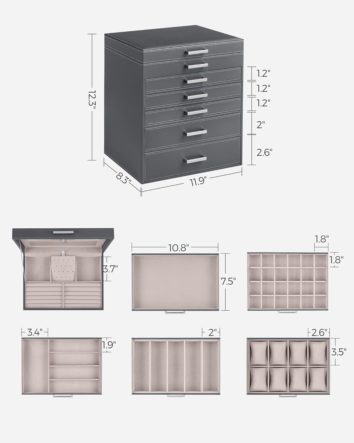 3-Tier Jewelry Box, Travel Jewelry Case with Handle, 2 Drawers, Lockable Jewelry Organizer with Mirror, Jewelry Storage, Modern Style, Gift for Loved Ones, White UJBC154W01