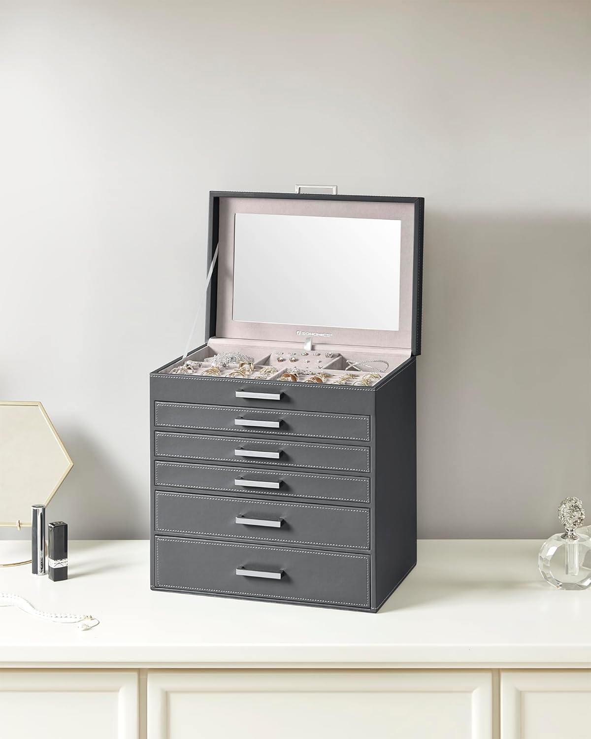 3-Tier Jewelry Box, Travel Jewelry Case with Handle, 2 Drawers, Lockable Jewelry Organizer with Mirror, Jewelry Storage, Modern Style, Gift for Loved Ones, White UJBC154W01