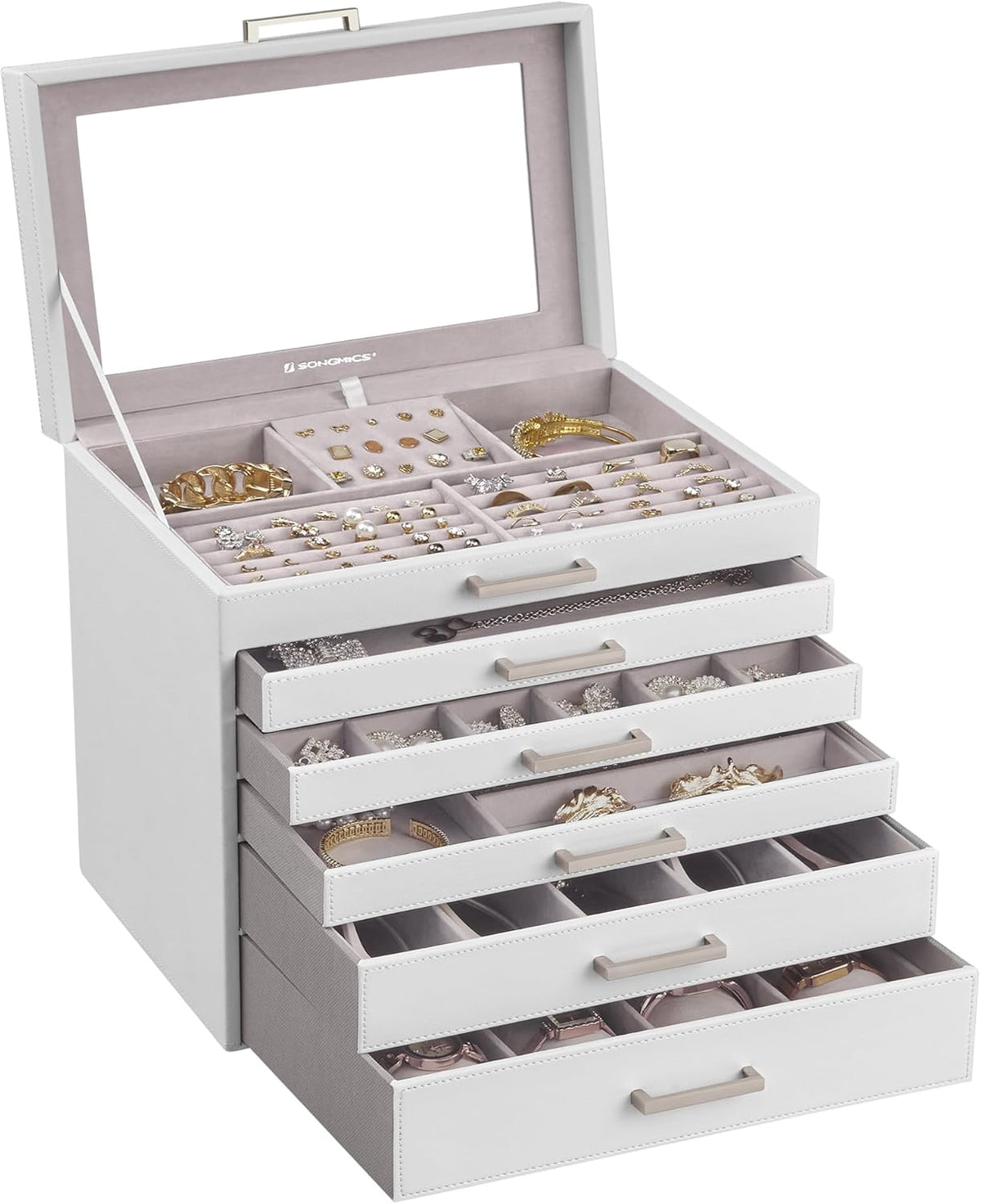 3-Tier Jewelry Box, Travel Jewelry Case with Handle, 2 Drawers, Lockable Jewelry Organizer with Mirror, Jewelry Storage, Modern Style, Gift for Loved Ones, White UJBC154W01