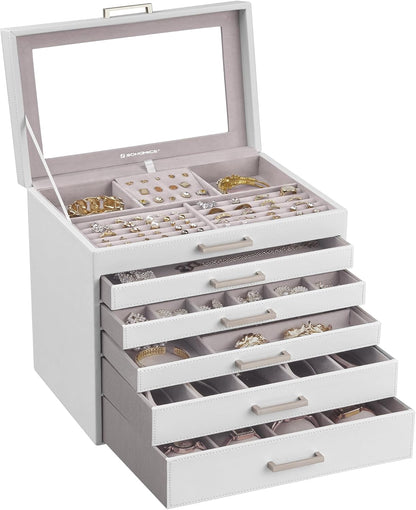 3-Tier Jewelry Box, Travel Jewelry Case with Handle, 2 Drawers, Lockable Jewelry Organizer with Mirror, Jewelry Storage, Modern Style, Gift for Loved Ones, White UJBC154W01