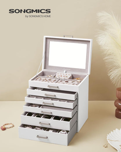 3-Tier Jewelry Box, Travel Jewelry Case with Handle, 2 Drawers, Lockable Jewelry Organizer with Mirror, Jewelry Storage, Modern Style, Gift for Loved Ones, White UJBC154W01