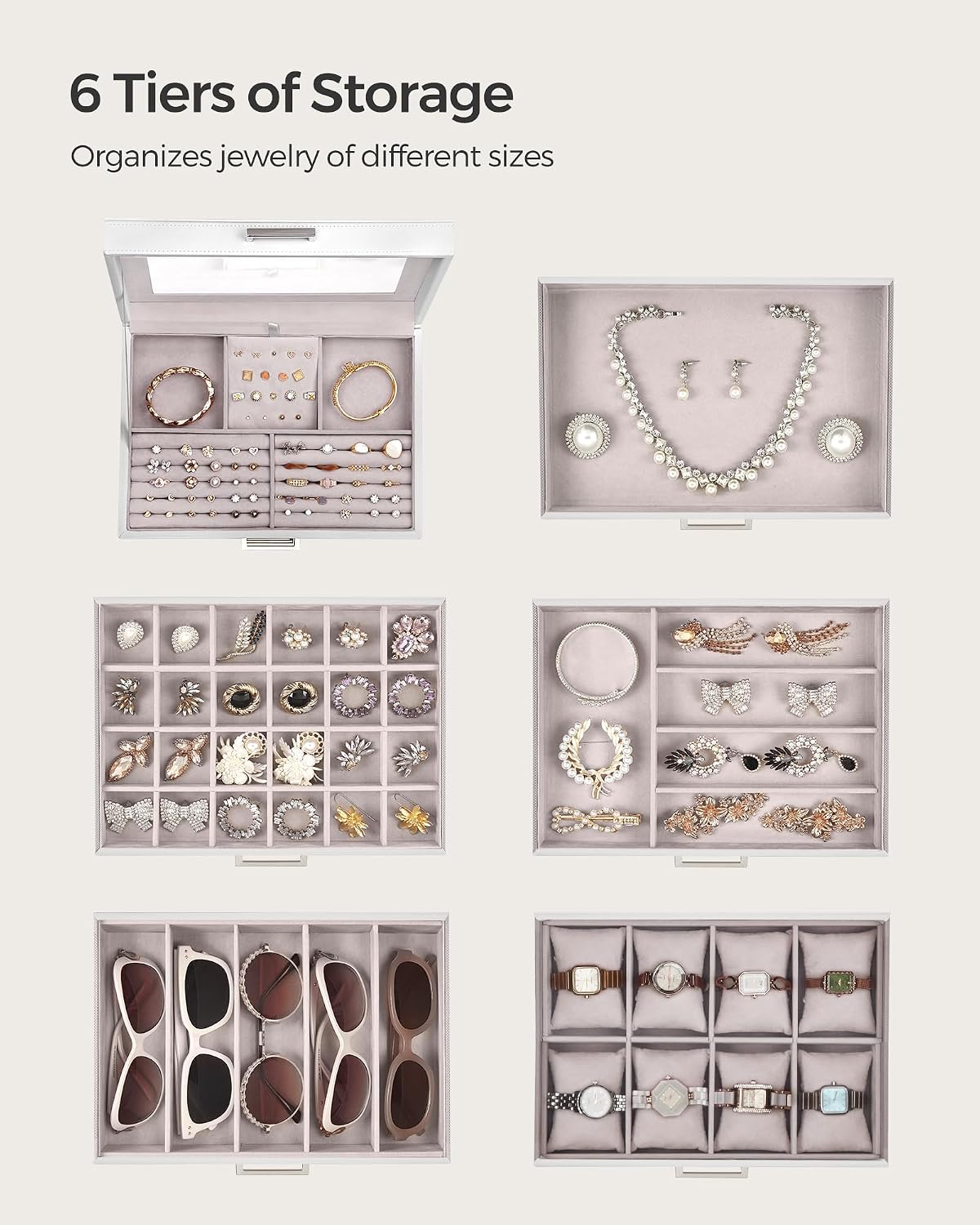 3-Tier Jewelry Box, Travel Jewelry Case with Handle, 2 Drawers, Lockable Jewelry Organizer with Mirror, Jewelry Storage, Modern Style, Gift for Loved Ones, White UJBC154W01