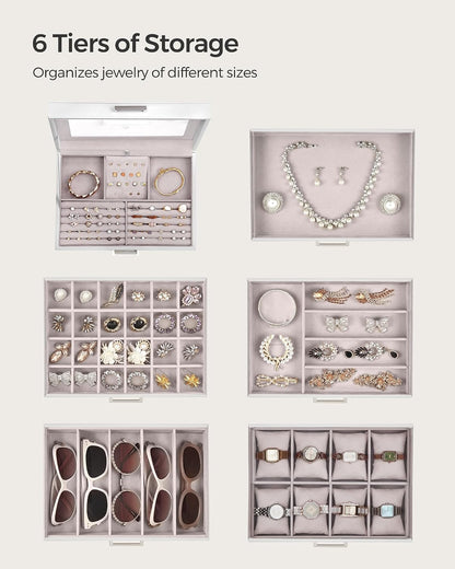 3-Tier Jewelry Box, Travel Jewelry Case with Handle, 2 Drawers, Lockable Jewelry Organizer with Mirror, Jewelry Storage, Modern Style, Gift for Loved Ones, White UJBC154W01