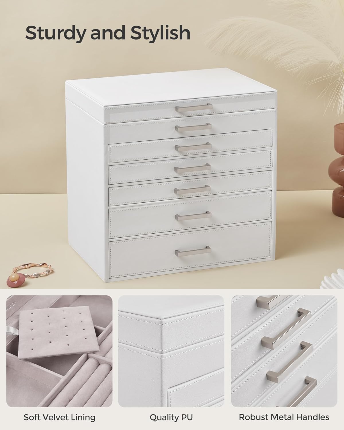 3-Tier Jewelry Box, Travel Jewelry Case with Handle, 2 Drawers, Lockable Jewelry Organizer with Mirror, Jewelry Storage, Modern Style, Gift for Loved Ones, White UJBC154W01