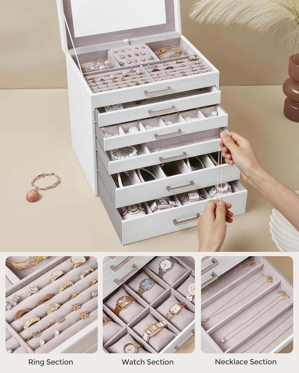 3-Tier Jewelry Box, Travel Jewelry Case with Handle, 2 Drawers, Lockable Jewelry Organizer with Mirror, Jewelry Storage, Modern Style, Gift for Loved Ones, White UJBC154W01