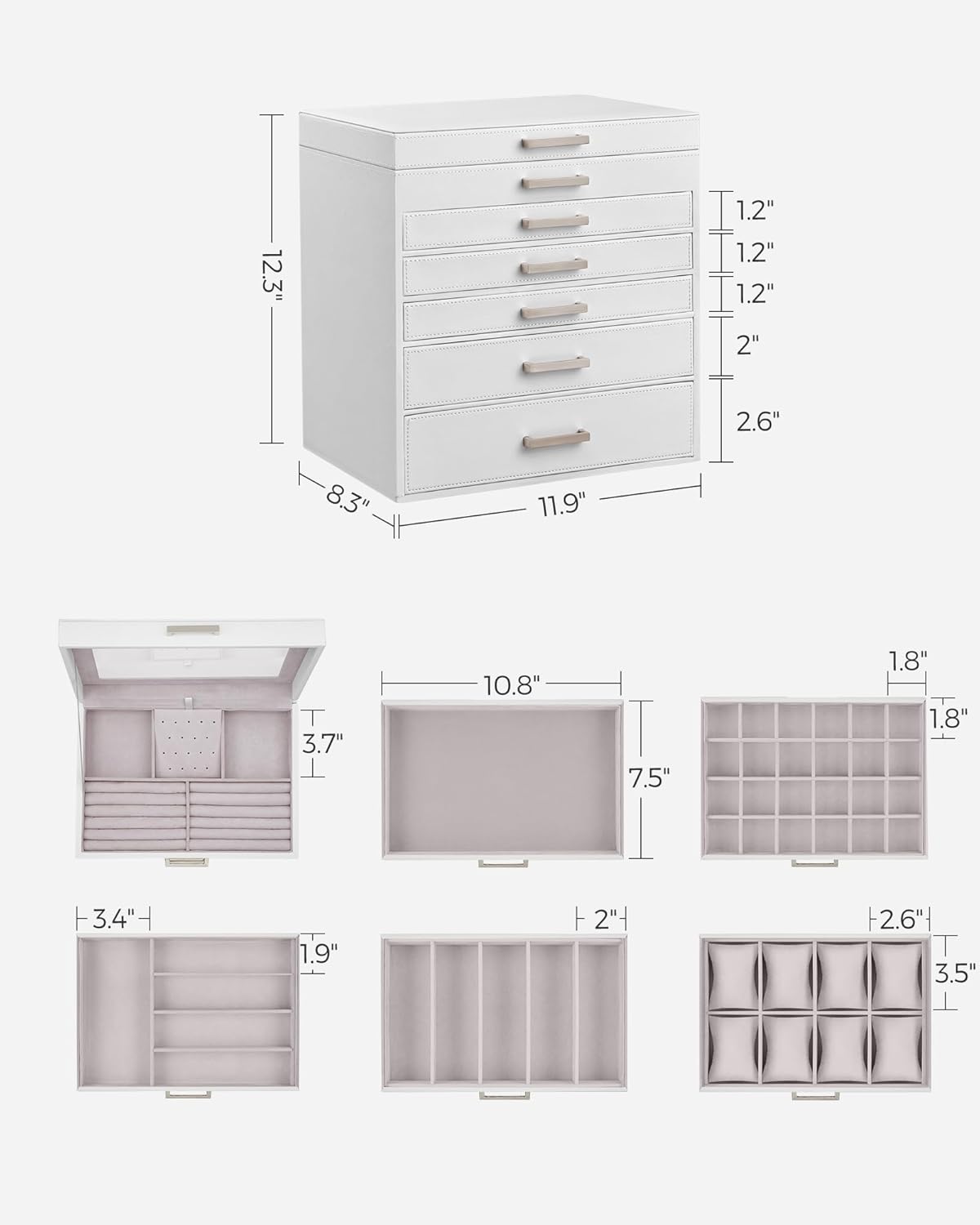 3-Tier Jewelry Box, Travel Jewelry Case with Handle, 2 Drawers, Lockable Jewelry Organizer with Mirror, Jewelry Storage, Modern Style, Gift for Loved Ones, White UJBC154W01