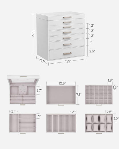 3-Tier Jewelry Box, Travel Jewelry Case with Handle, 2 Drawers, Lockable Jewelry Organizer with Mirror, Jewelry Storage, Modern Style, Gift for Loved Ones, White UJBC154W01