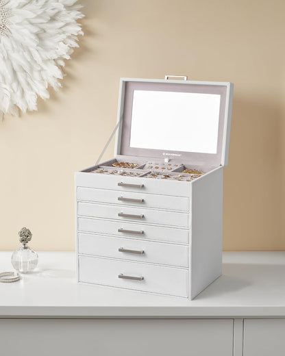 3-Tier Jewelry Box, Travel Jewelry Case with Handle, 2 Drawers, Lockable Jewelry Organizer with Mirror, Jewelry Storage, Modern Style, Gift for Loved Ones, White UJBC154W01