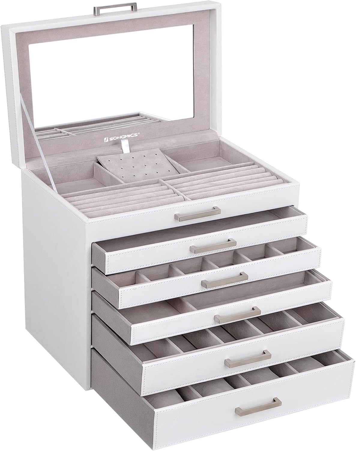 3-Tier Jewelry Box, Travel Jewelry Case with Handle, 2 Drawers, Lockable Jewelry Organizer with Mirror, Jewelry Storage, Modern Style, Gift for Loved Ones, White UJBC154W01