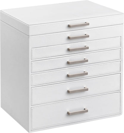 3-Tier Jewelry Box, Travel Jewelry Case with Handle, 2 Drawers, Lockable Jewelry Organizer with Mirror, Jewelry Storage, Modern Style, Gift for Loved Ones, White UJBC154W01