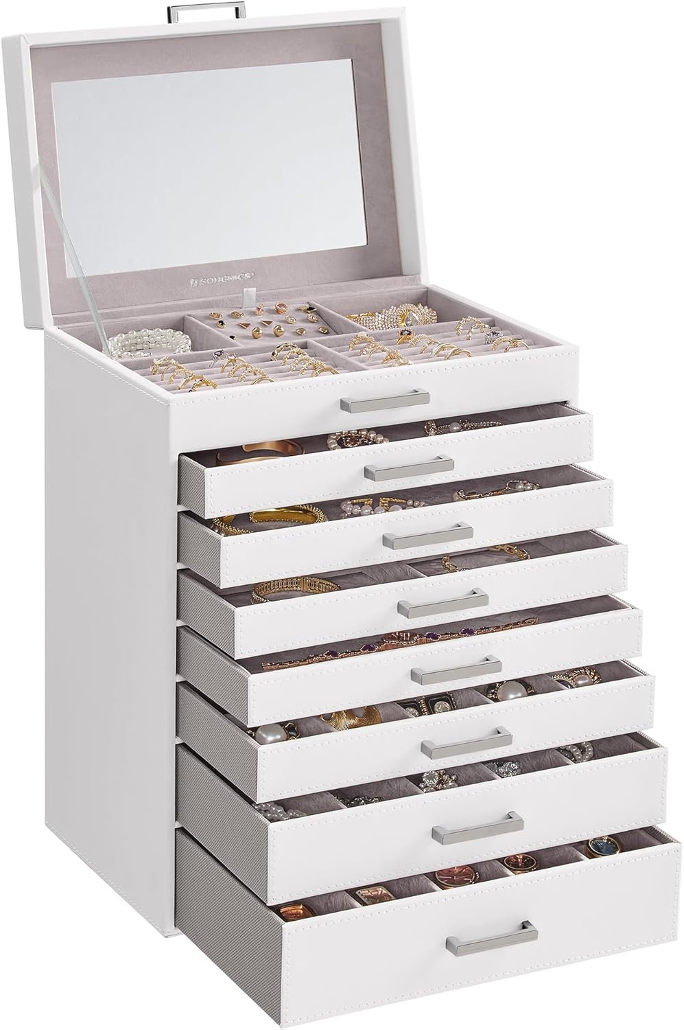 3-Tier Jewelry Box, Travel Jewelry Case with Handle, 2 Drawers, Lockable Jewelry Organizer with Mirror, Jewelry Storage, Modern Style, Gift for Loved Ones, White UJBC154W01