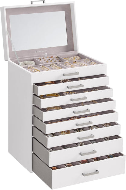 3-Tier Jewelry Box, Travel Jewelry Case with Handle, 2 Drawers, Lockable Jewelry Organizer with Mirror, Jewelry Storage, Modern Style, Gift for Loved Ones, White UJBC154W01