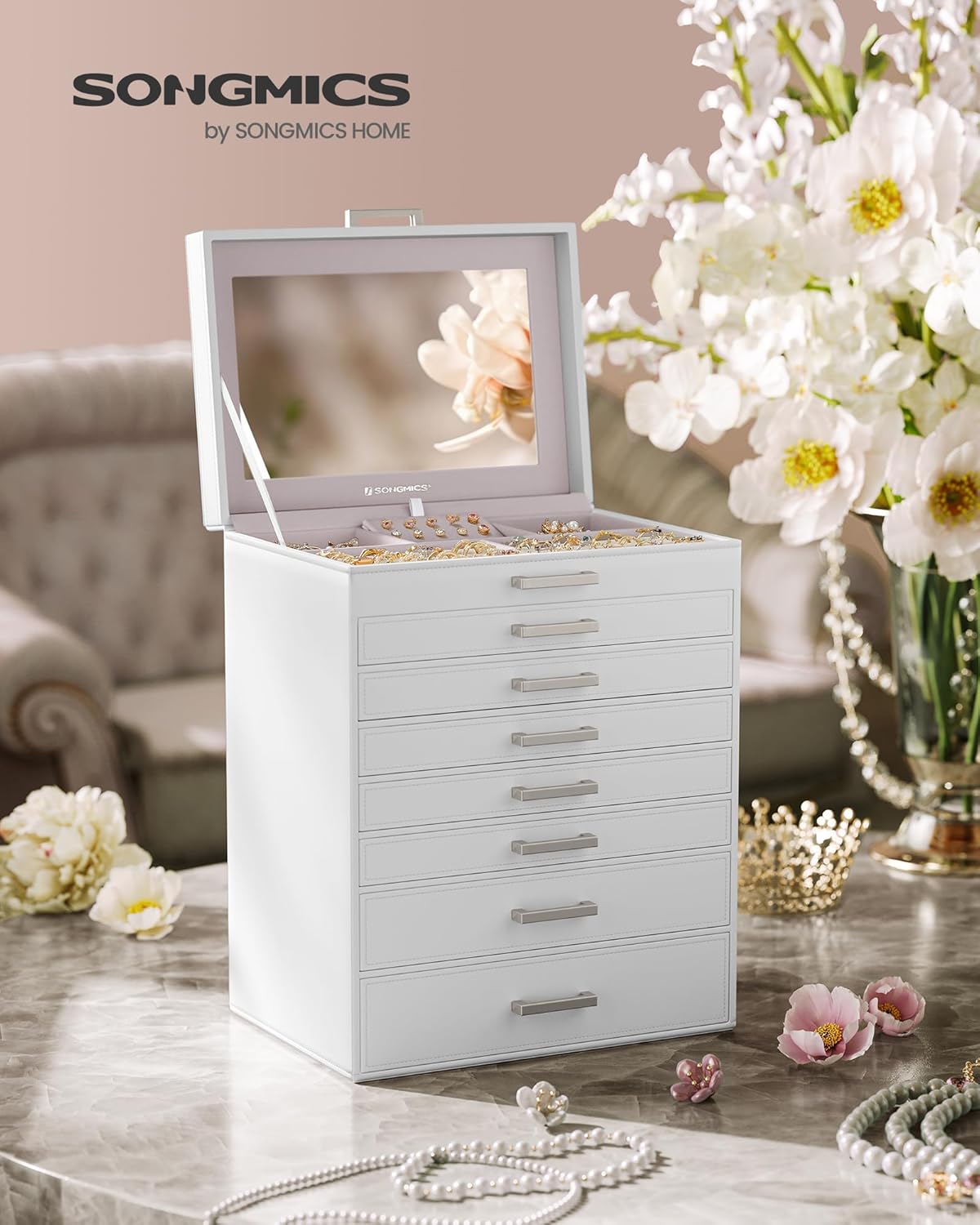 3-Tier Jewelry Box, Travel Jewelry Case with Handle, 2 Drawers, Lockable Jewelry Organizer with Mirror, Jewelry Storage, Modern Style, Gift for Loved Ones, White UJBC154W01