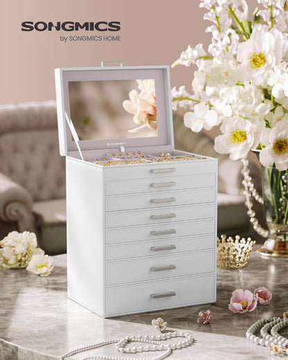 3-Tier Jewelry Box, Travel Jewelry Case with Handle, 2 Drawers, Lockable Jewelry Organizer with Mirror, Jewelry Storage, Modern Style, Gift for Loved Ones, White UJBC154W01