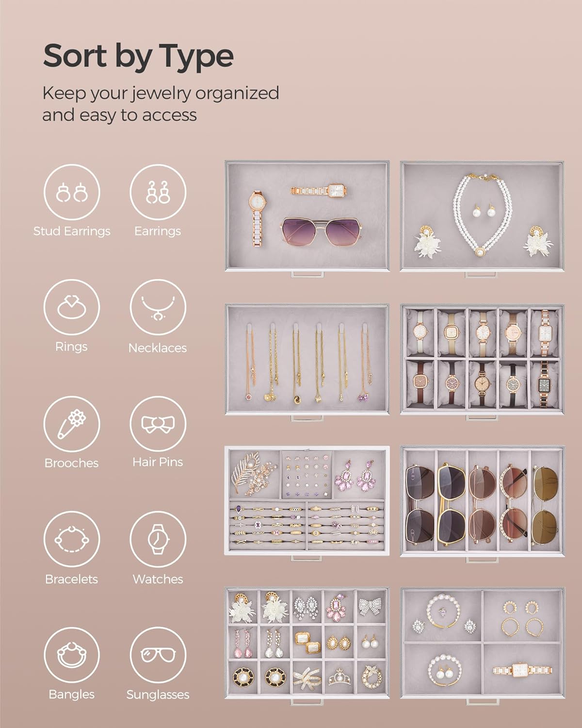 3-Tier Jewelry Box, Travel Jewelry Case with Handle, 2 Drawers, Lockable Jewelry Organizer with Mirror, Jewelry Storage, Modern Style, Gift for Loved Ones, White UJBC154W01