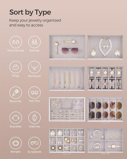3-Tier Jewelry Box, Travel Jewelry Case with Handle, 2 Drawers, Lockable Jewelry Organizer with Mirror, Jewelry Storage, Modern Style, Gift for Loved Ones, White UJBC154W01