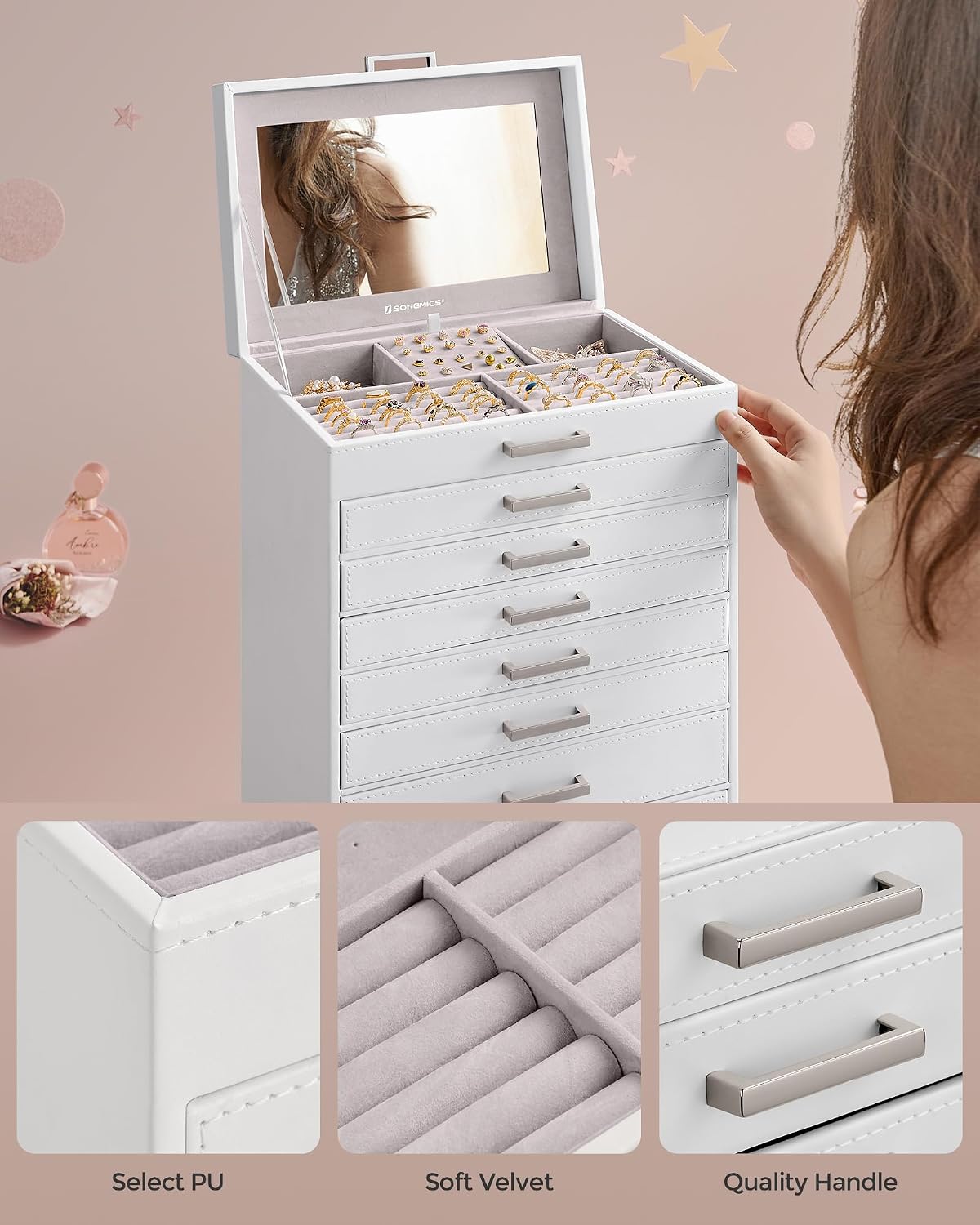 3-Tier Jewelry Box, Travel Jewelry Case with Handle, 2 Drawers, Lockable Jewelry Organizer with Mirror, Jewelry Storage, Modern Style, Gift for Loved Ones, White UJBC154W01