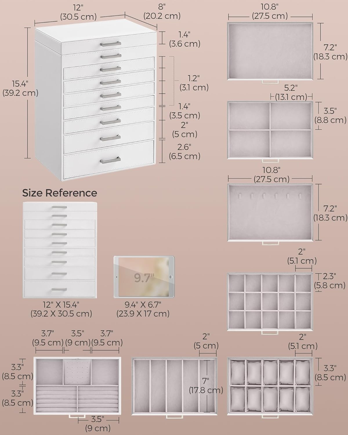 3-Tier Jewelry Box, Travel Jewelry Case with Handle, 2 Drawers, Lockable Jewelry Organizer with Mirror, Jewelry Storage, Modern Style, Gift for Loved Ones, White UJBC154W01