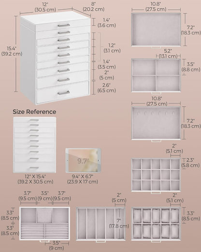 3-Tier Jewelry Box, Travel Jewelry Case with Handle, 2 Drawers, Lockable Jewelry Organizer with Mirror, Jewelry Storage, Modern Style, Gift for Loved Ones, White UJBC154W01